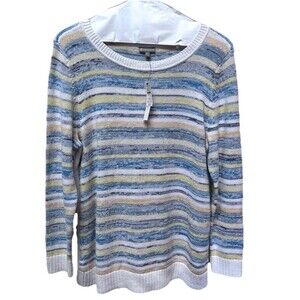 NWT Talbots Women's Round Neck Casual Striped  Sweater Yellow Blue White Sz PXL
